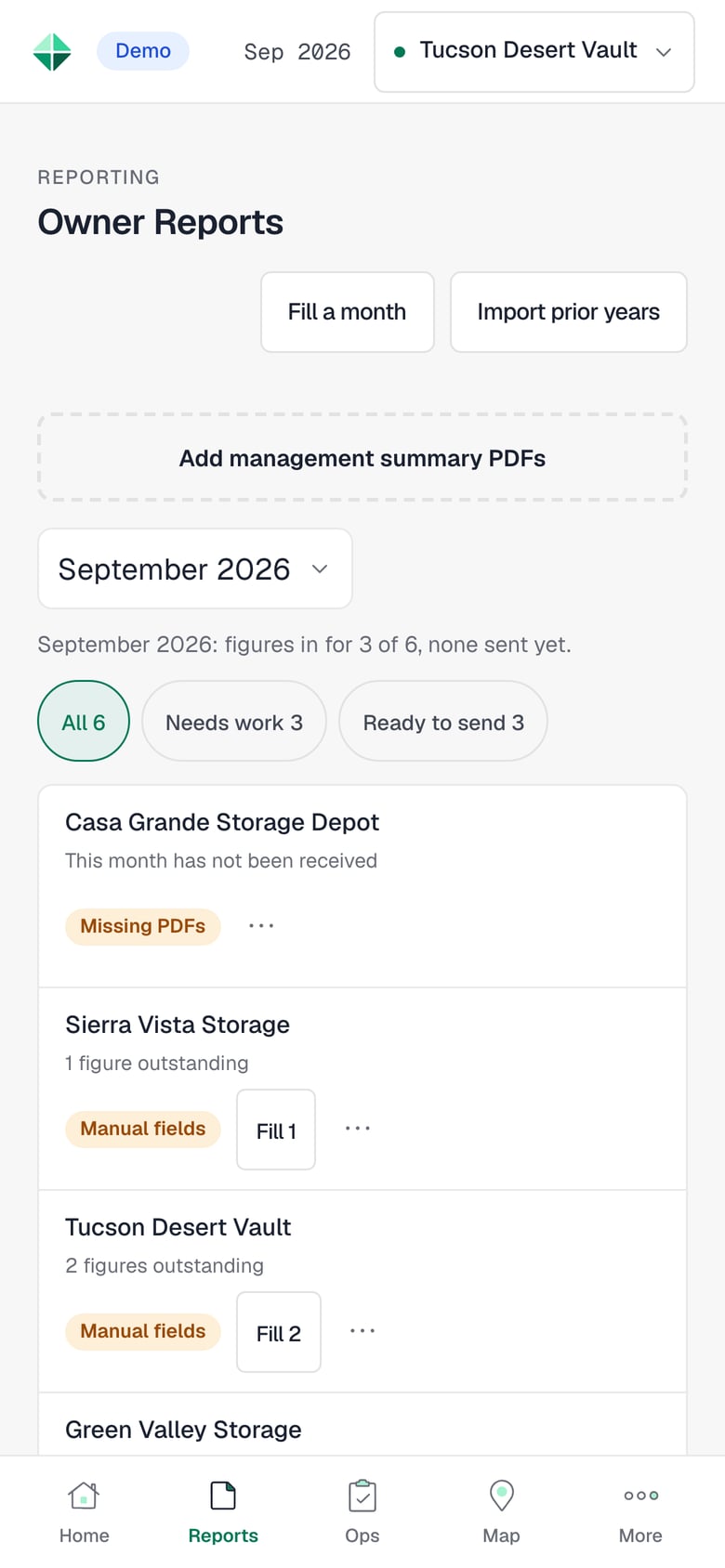 Owner Reports in the Verillum AI demo account: each store marked Missing PDFs, Manual fields or Ready to send.